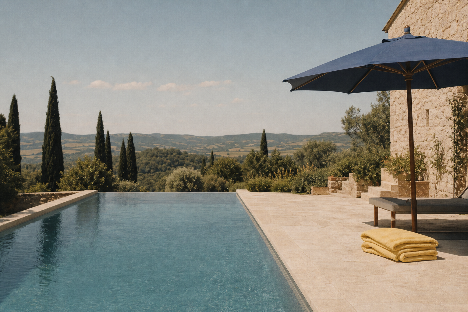Pool and pale stone villa overlooking the Tuscan countryside