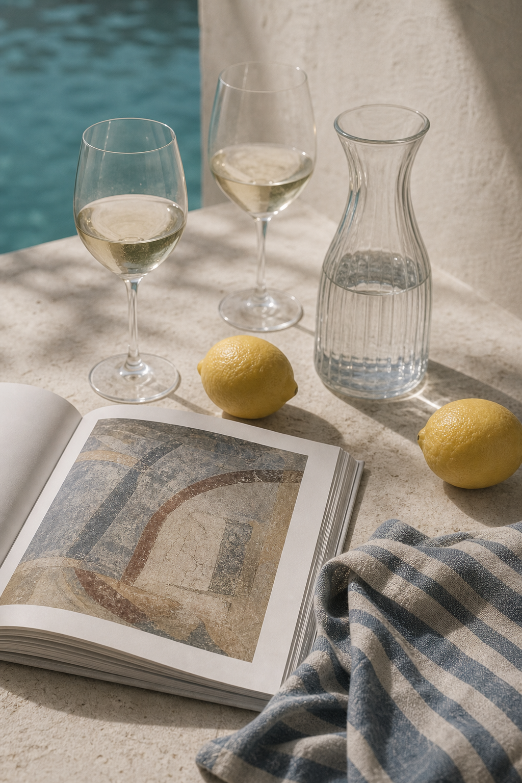 Wine, lemons and an art book beside the pool